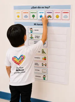Niño con camiseta de Skills señala el día de la semana en el tablero de rutina visual.